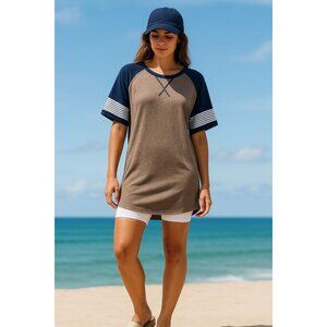 Adibosy Brown Navy Raglan Dressy Tunic Tee Shirt Dress Striped Sleeves XXL